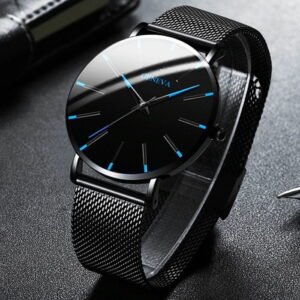 Apoussi Luxury Minimalist Men's Ultra-Thin Quartz Watch with Stainless Steel Mesh Band